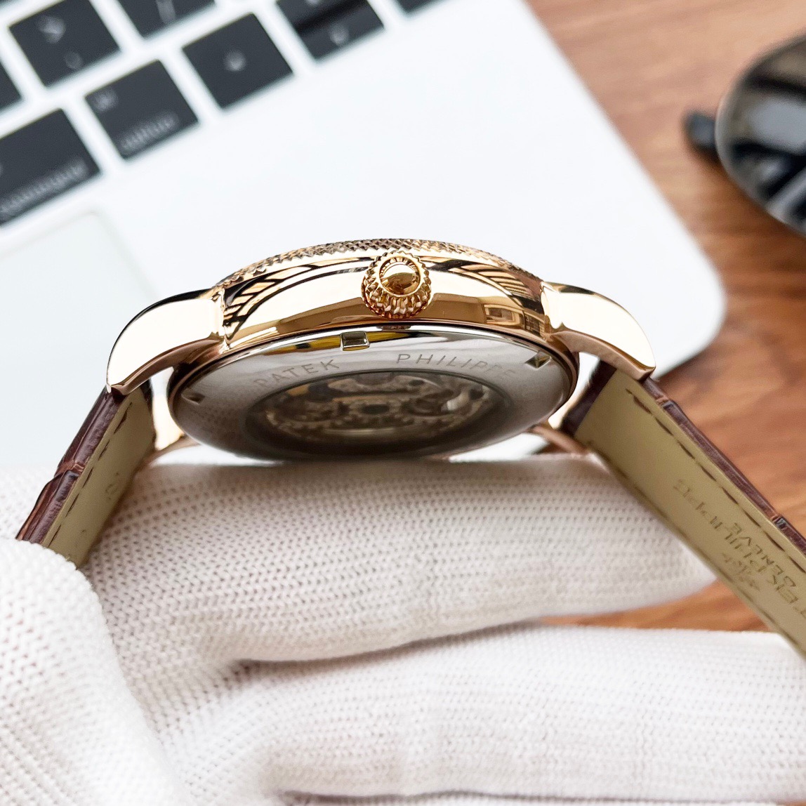 Patek Philippe Men’s Rose Gold Skeleton Mechanical Watch, Luxurious black Leather Strap