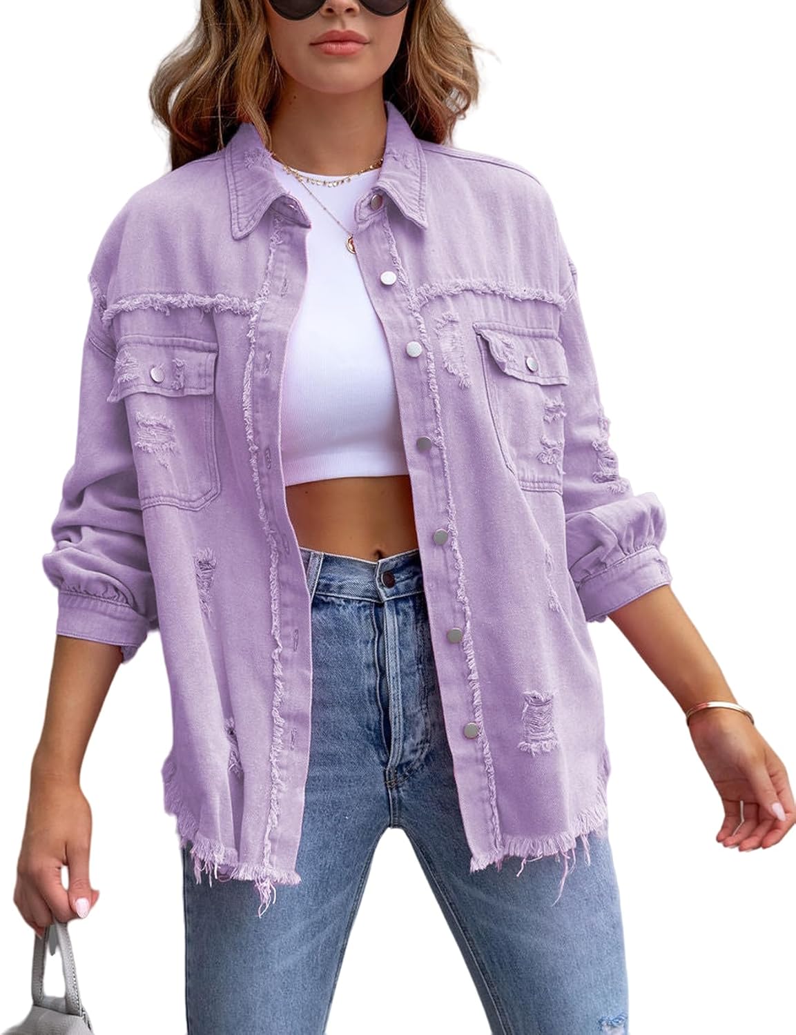 Perbai Womens Oversized Ripped Denim Jacket Frayed Hem Button Front Boyfriend Jean Coat Western Shacket with Pockets