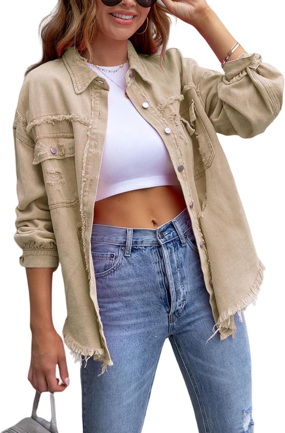Perbai Womens Oversized Ripped Denim Jacket Frayed Hem Button Front Boyfriend Jean Coat Western Shacket with Pockets