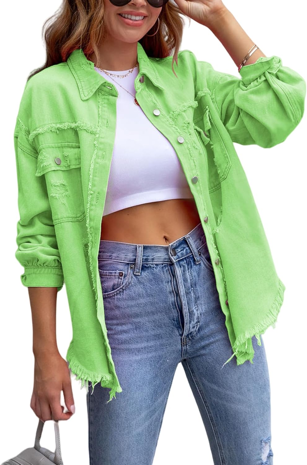 Perbai Womens Oversized Ripped Denim Jacket Frayed Hem Button Front Boyfriend Jean Coat Western Shacket with Pockets