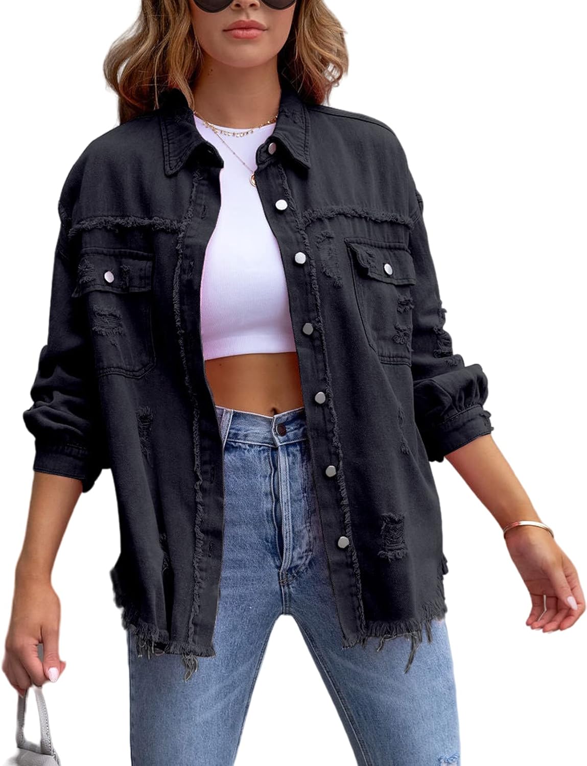 Perbai Womens Oversized Ripped Denim Jacket Frayed Hem Button Front Boyfriend Jean Coat Western Shacket with Pockets