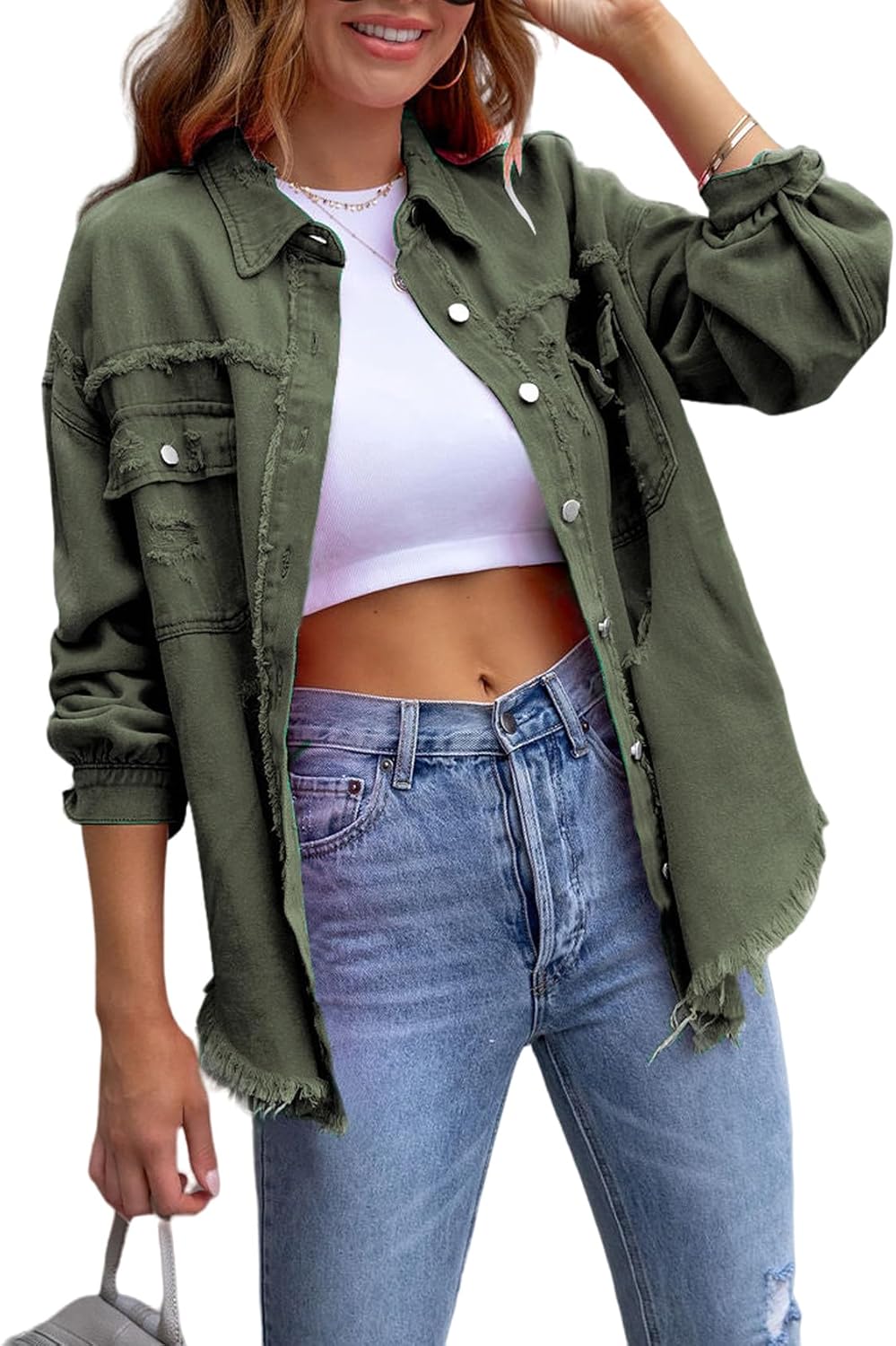 Perbai Womens Oversized Ripped Denim Jacket Frayed Hem Button Front Boyfriend Jean Coat Western Shacket with Pockets