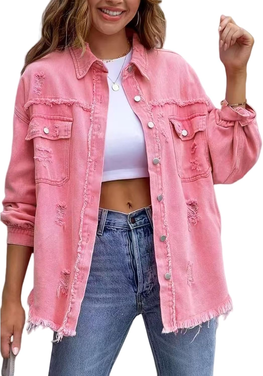 Perbai Womens Oversized Ripped Denim Jacket Frayed Hem Button Front Boyfriend Jean Coat Western Shacket with Pockets
