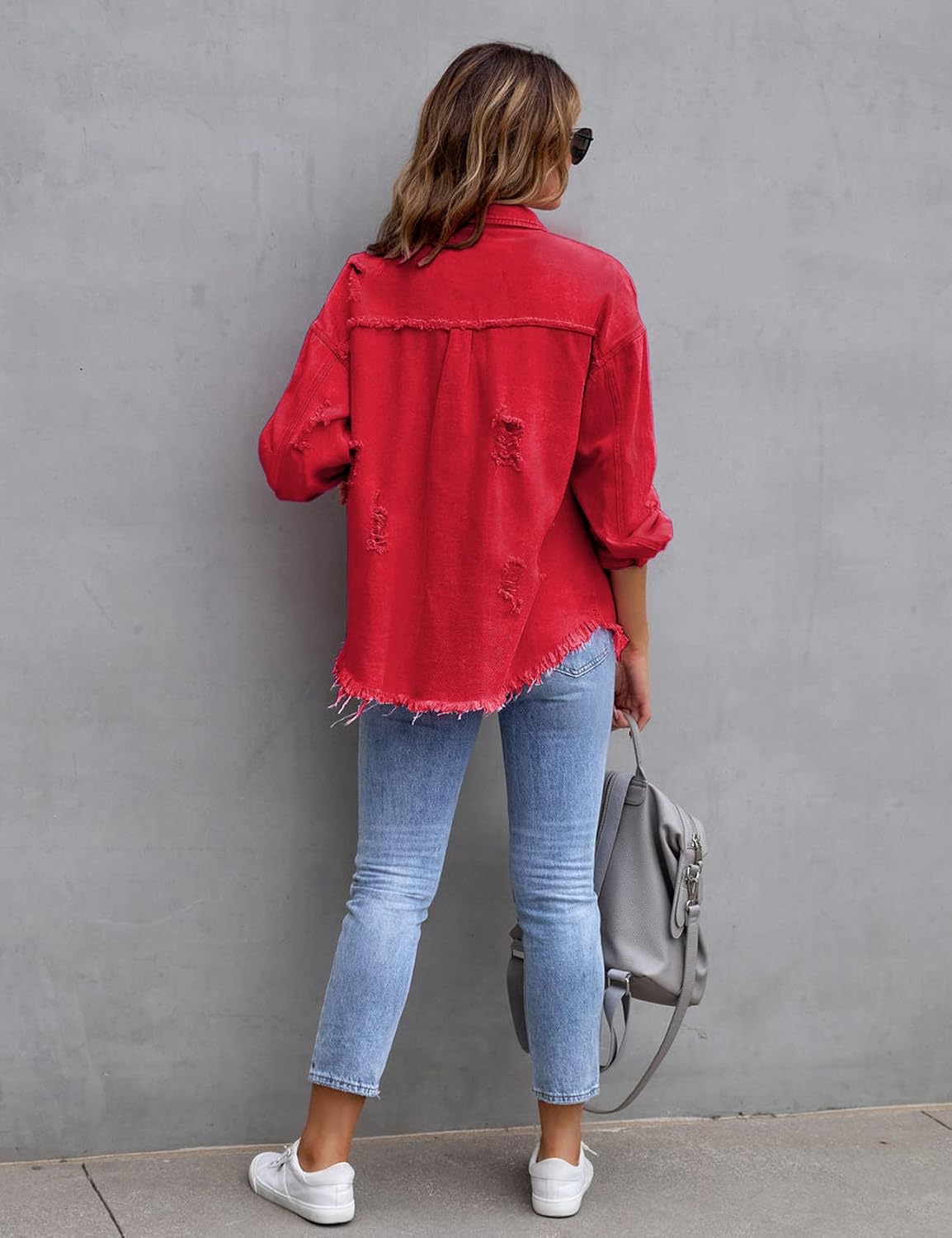 Perbai Womens Oversized Ripped Denim Jacket Frayed Hem Button Front Boyfriend Jean Coat Western Shacket with Pockets