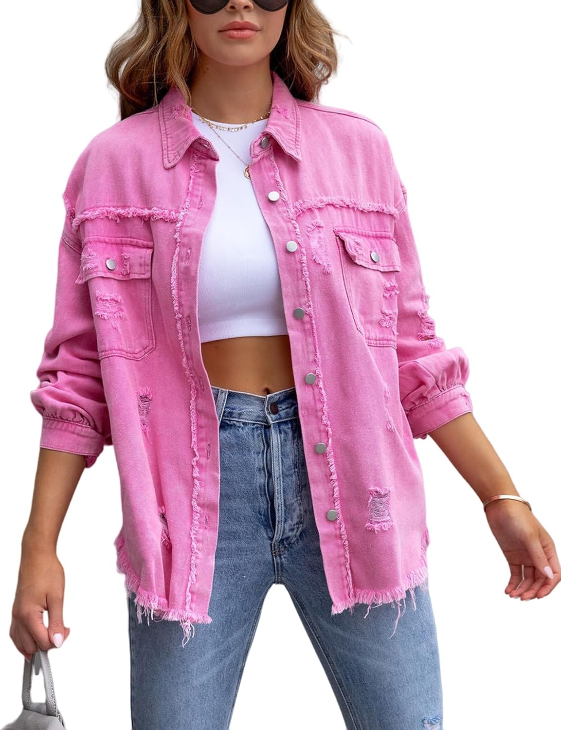 Perbai Womens Oversized Ripped Denim Jacket Frayed Hem Button Front Boyfriend Jean Coat Western Shacket with Pockets