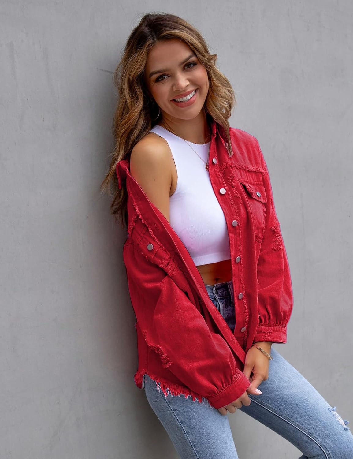 Perbai Womens Oversized Ripped Denim Jacket Frayed Hem Button Front Boyfriend Jean Coat Western Shacket with Pockets