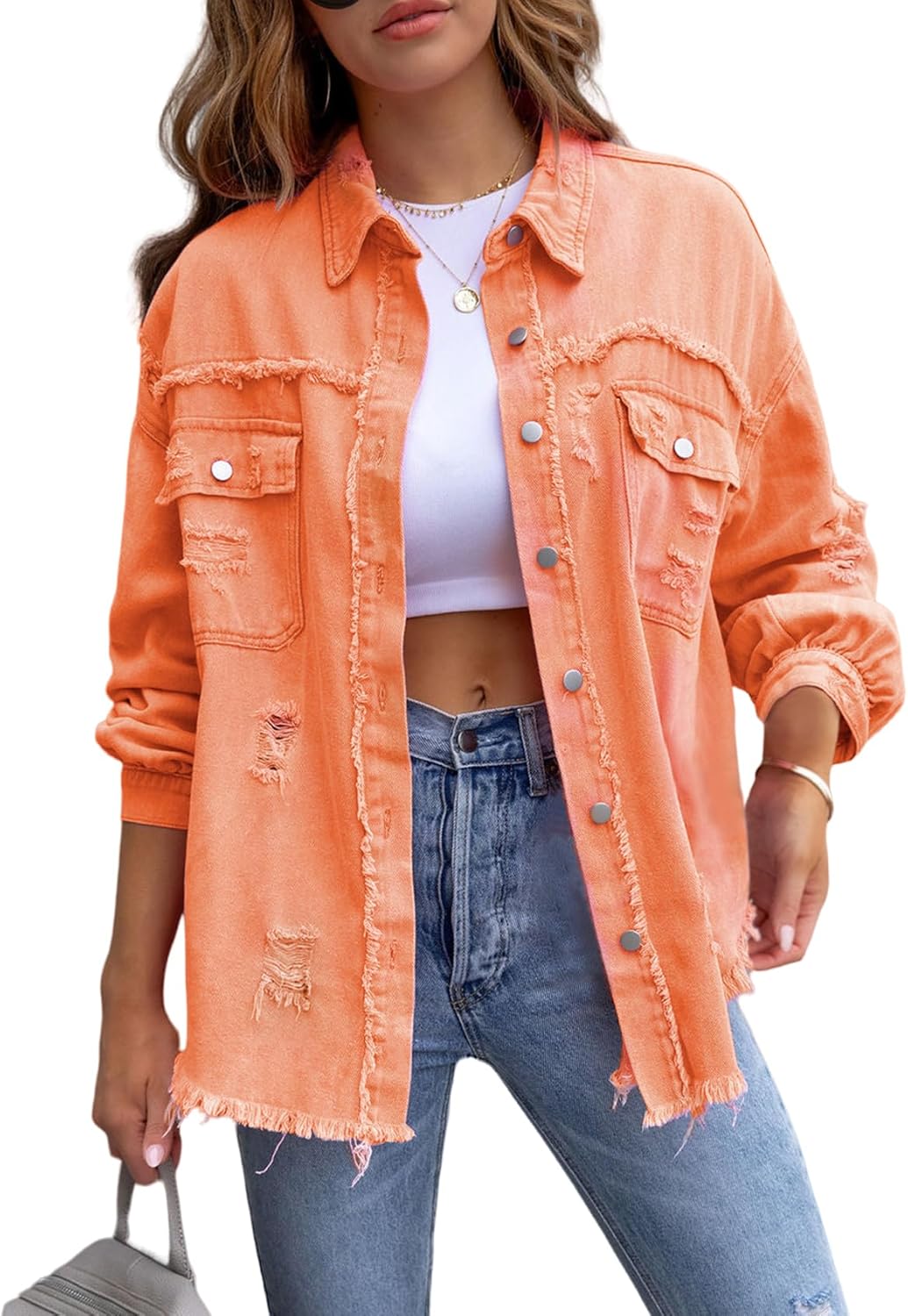 Perbai Womens Oversized Ripped Denim Jacket Frayed Hem Button Front Boyfriend Jean Coat Western Shacket with Pockets