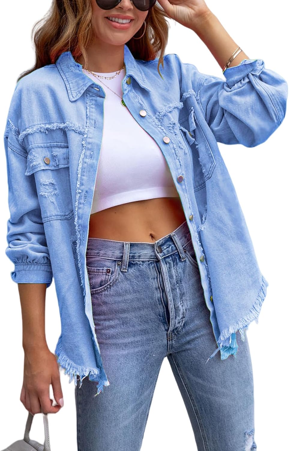 Perbai Womens Oversized Ripped Denim Jacket Frayed Hem Button Front Boyfriend Jean Coat Western Shacket with Pockets
