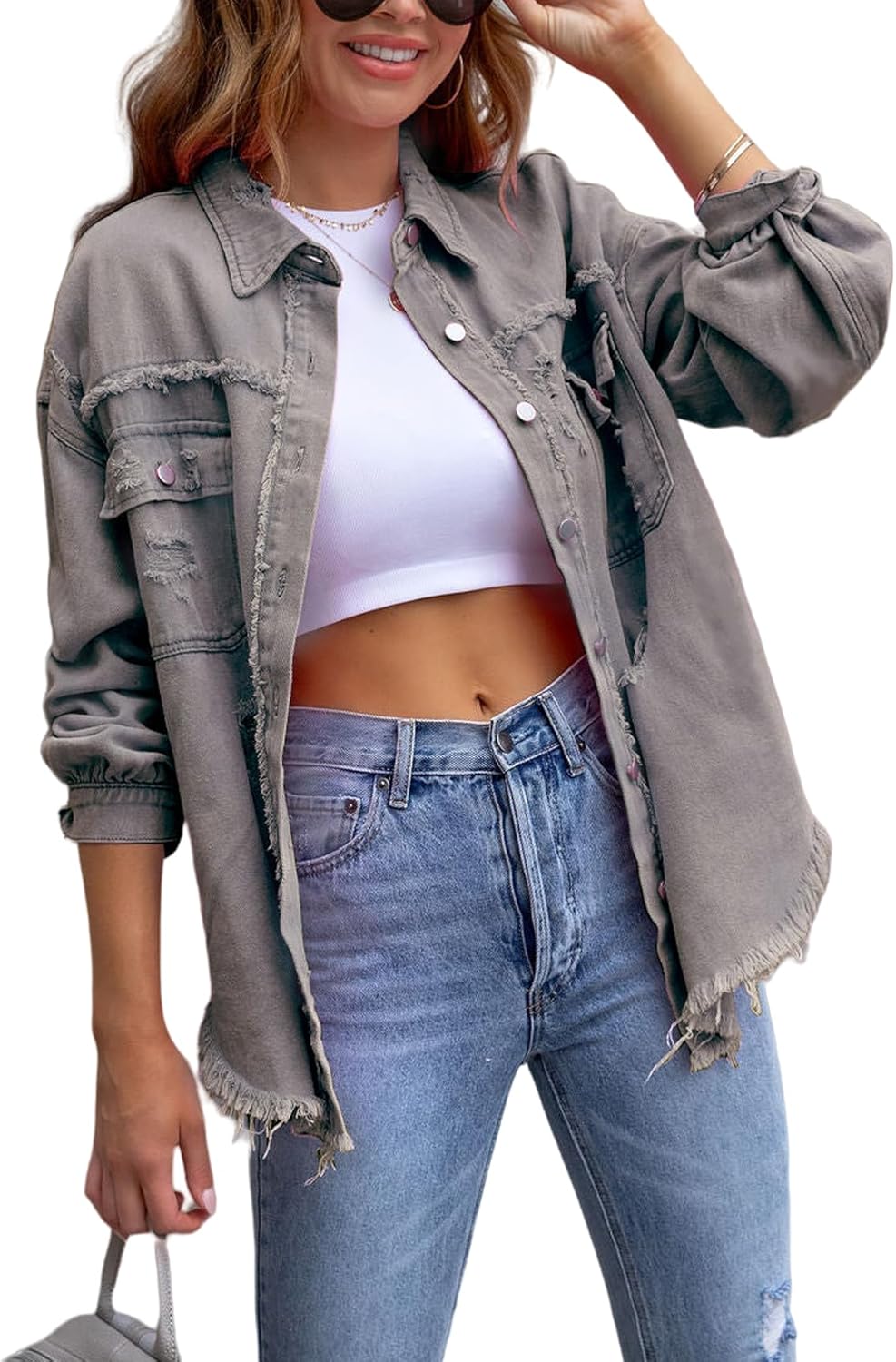 Perbai Womens Oversized Ripped Denim Jacket Frayed Hem Button Front Boyfriend Jean Coat Western Shacket with Pockets
