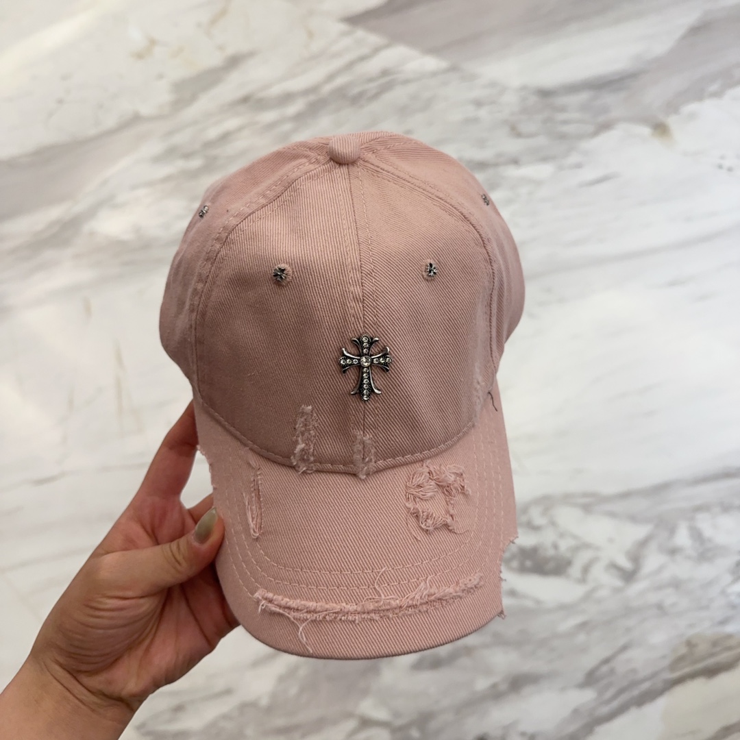 Pink Distressed Cap with Cross Embellishment
