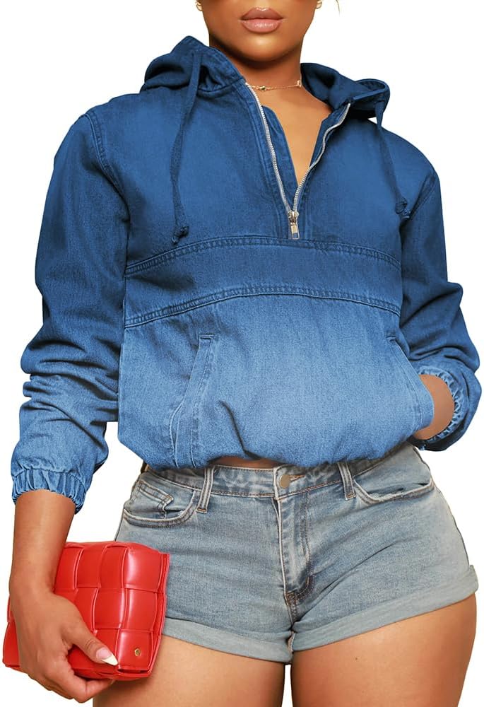 PINSV Women’s Half Zip Denim Hoodie Pullover Jacket Jean Sweatshirt Tops