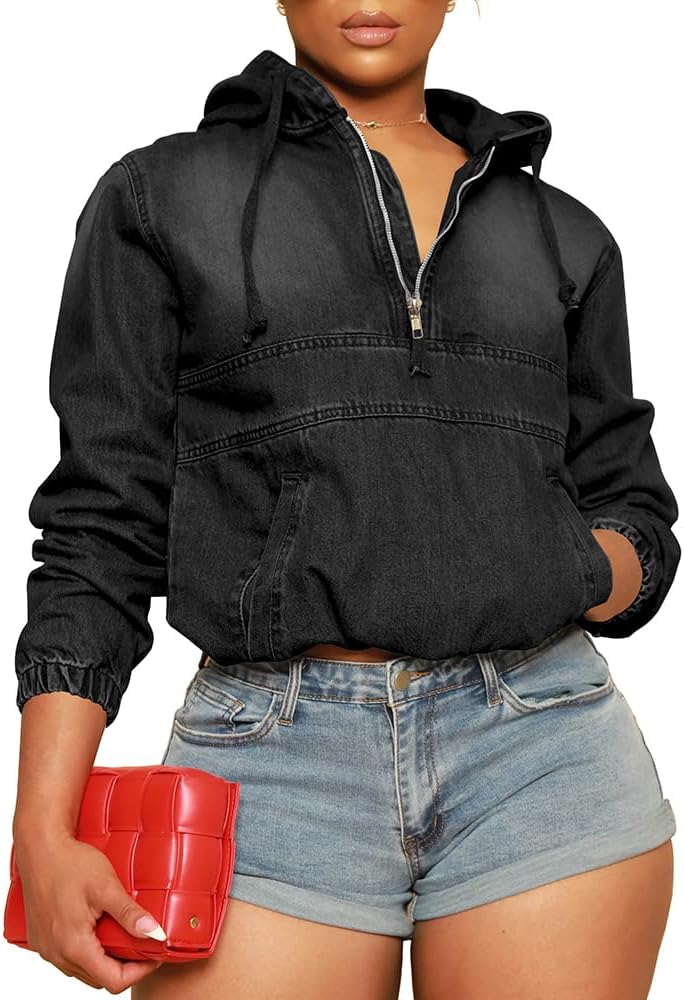 PINSV Women’s Half Zip Denim Hoodie Pullover Jacket Jean Sweatshirt Tops