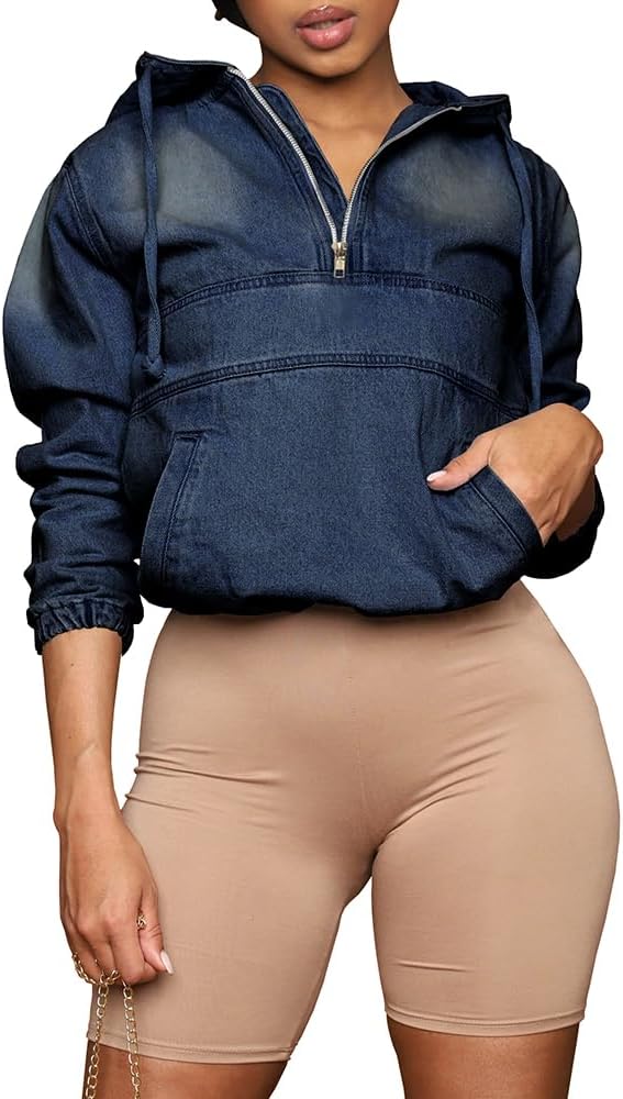 PINSV Women’s Half Zip Denim Hoodie Pullover Jacket Jean Sweatshirt Tops