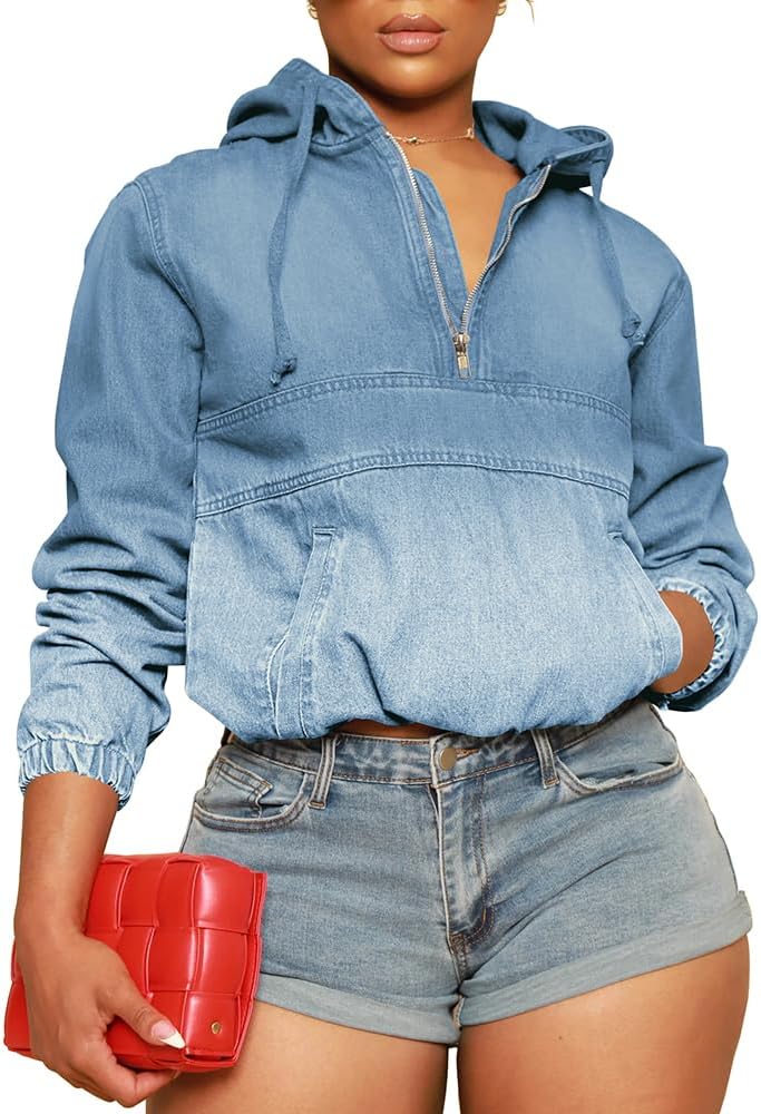 PINSV Women’s Half Zip Denim Hoodie Pullover Jacket Jean Sweatshirt Tops