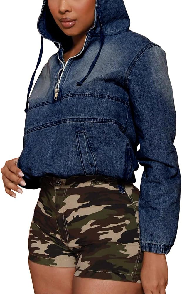 PINSV Women’s Half Zip Denim Hoodie Pullover Jacket Jean Sweatshirt Tops