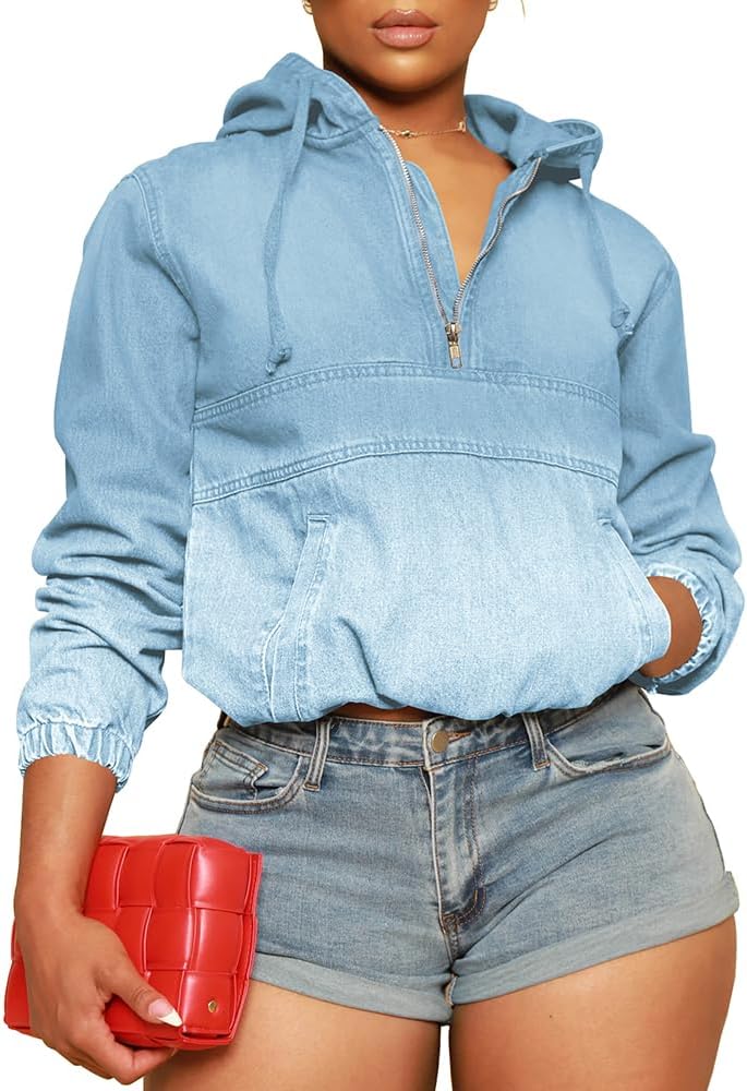 PINSV Women’s Half Zip Denim Hoodie Pullover Jacket Jean Sweatshirt Tops