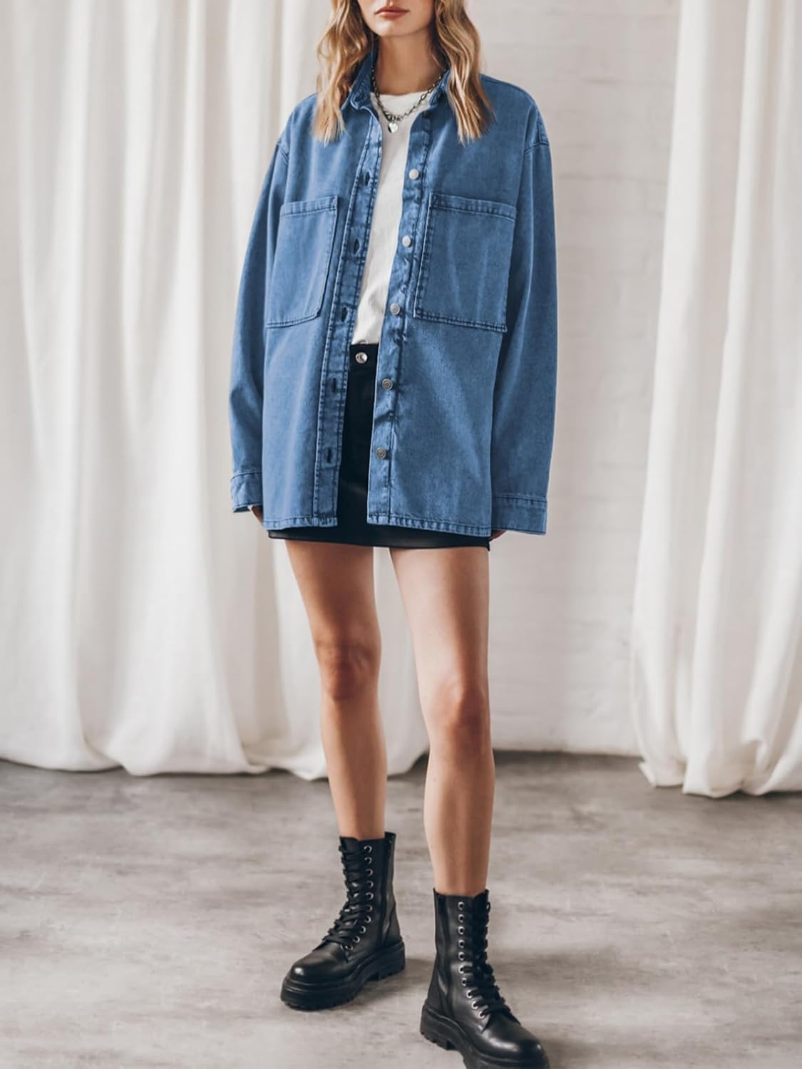 PLNOTME Womens Oversized Jean Jacket Casual Button Up Denim Overshirt Trendy Long Sleeve Denim Jacket Coat