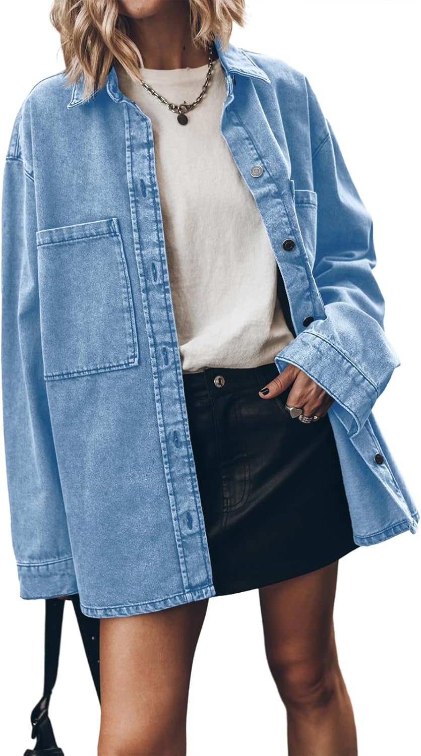 PLNOTME Womens Oversized Jean Jacket Casual Button Up Denim Overshirt Trendy Long Sleeve Denim Jacket Coat