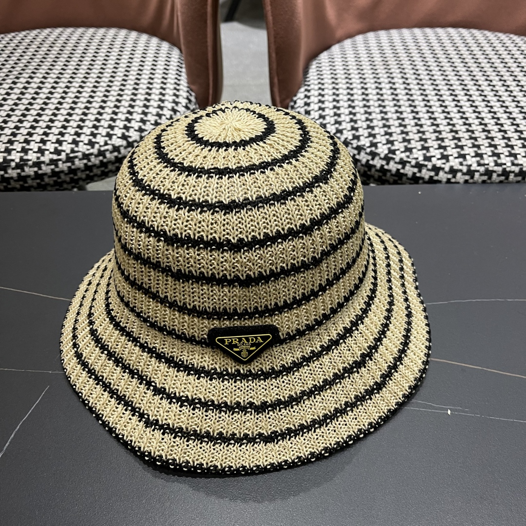 Prada Beige Crochet Bucket Hat - Prada Beige Striped Crochet Bucket