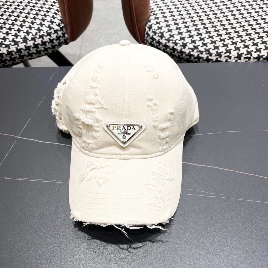 Prada Distressed White Cotton Cap - Designer Baseball Hat