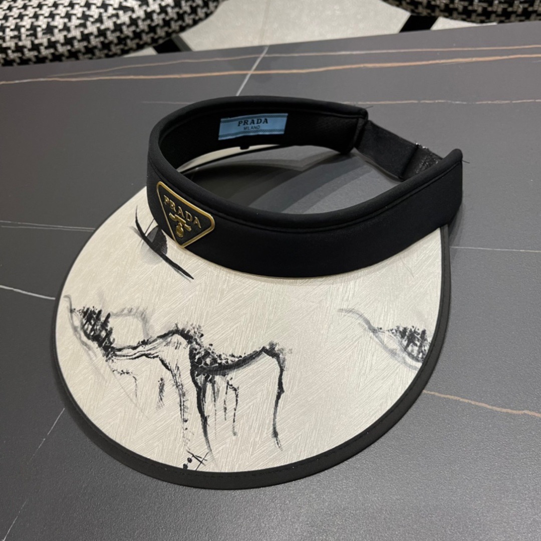 Prada Marble Print Visor - Black Trim, Gold Logo