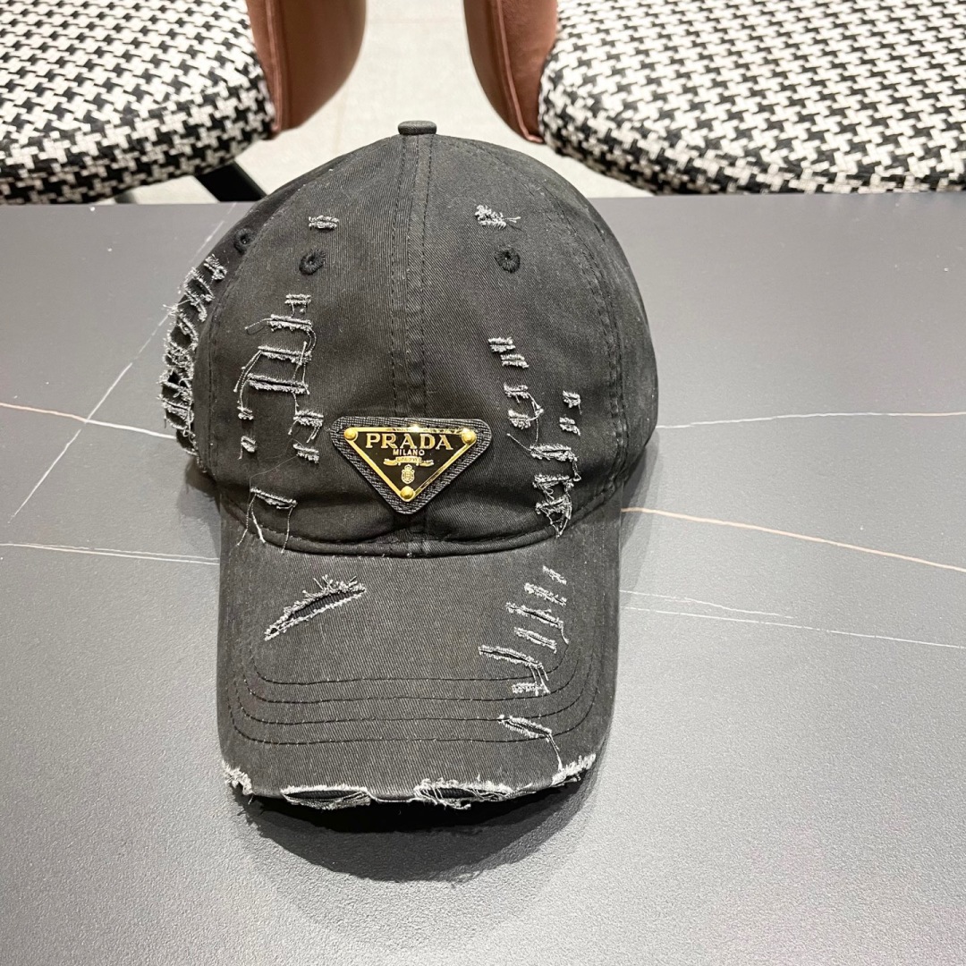 Prada Distressed Black Cotton Cap - Gold Logo