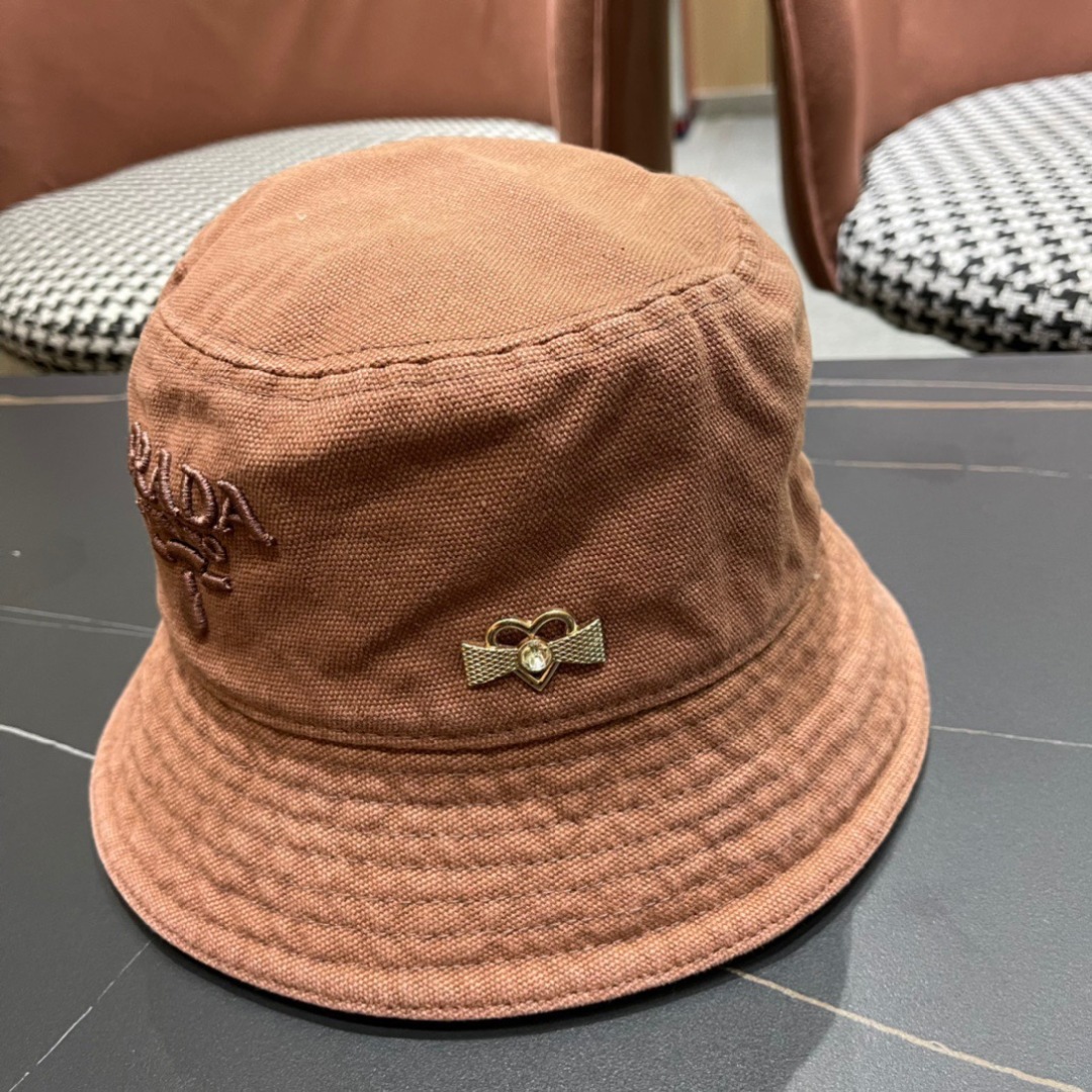 Prada Brown Canvas Bucket Hat - Heart Charm