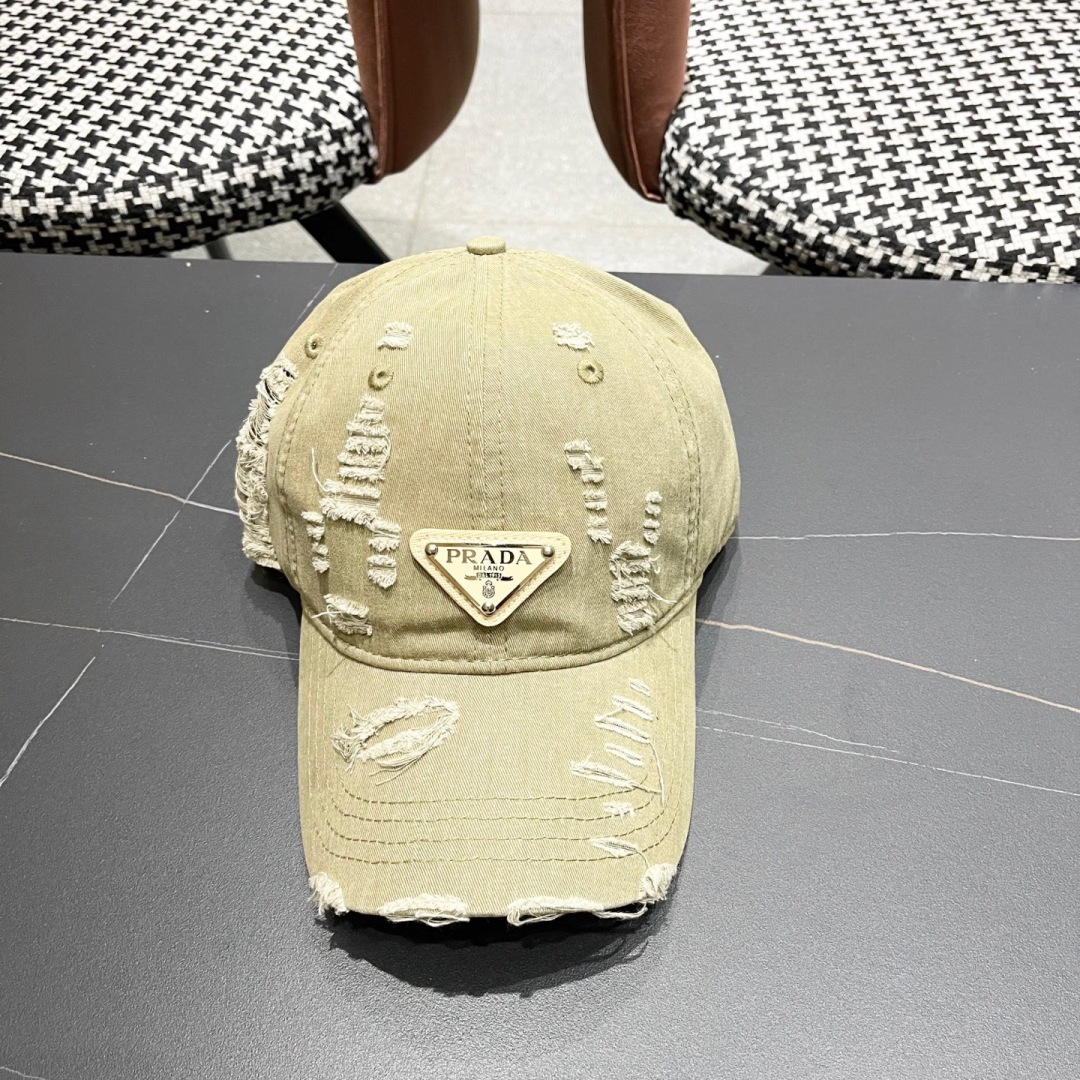 Prada Beige Distressed Logo Cap - Vintage Style