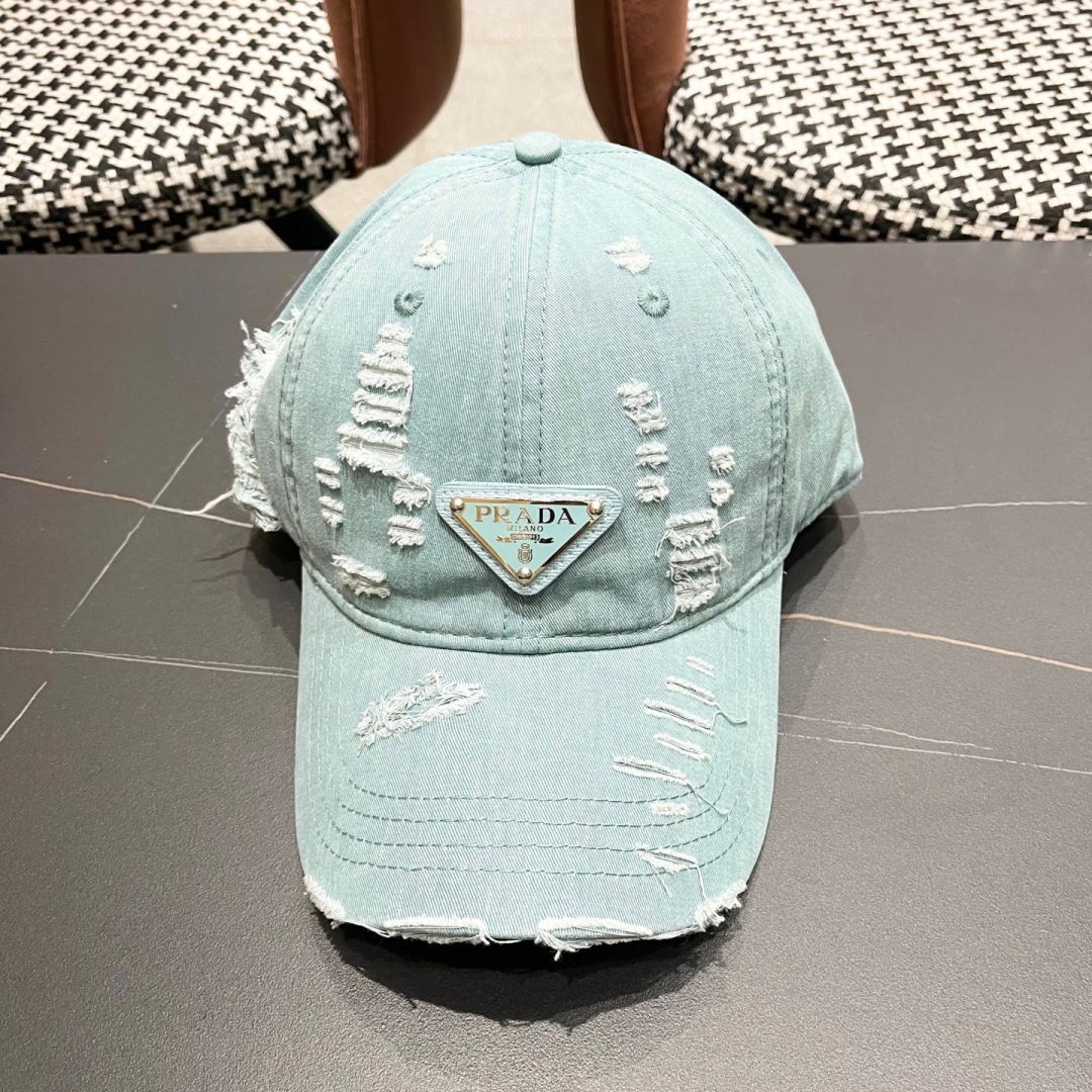 light Prada Distressed Denim Cap - Prada Distressed Denim Cap - Light