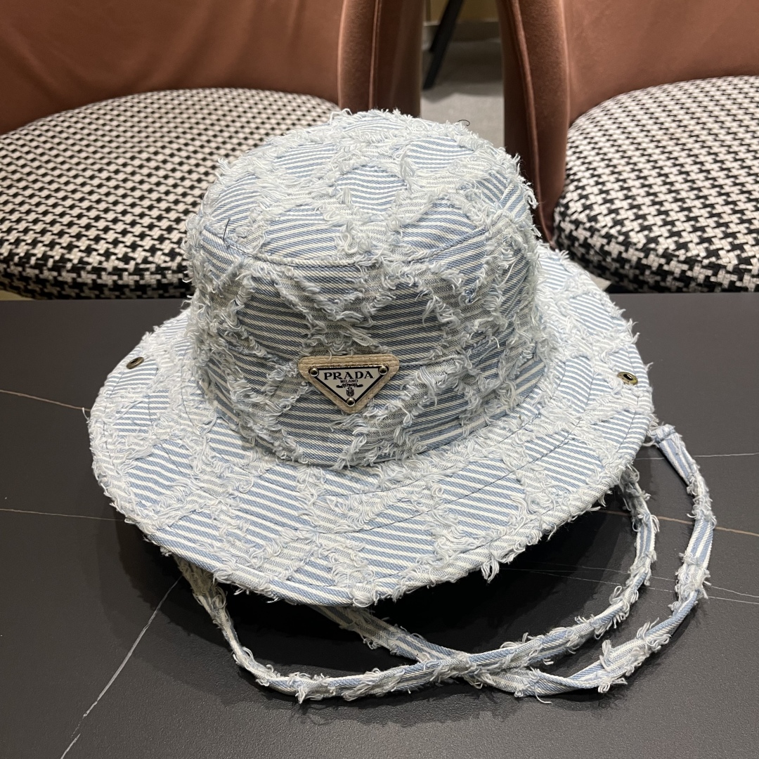 Prada Blue Striped Denim Bucket Hat - Distressed Edge