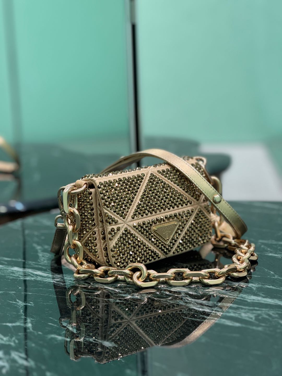 Prada Mini Crystal-Embellished Triangle Logo Shoulder Bag -