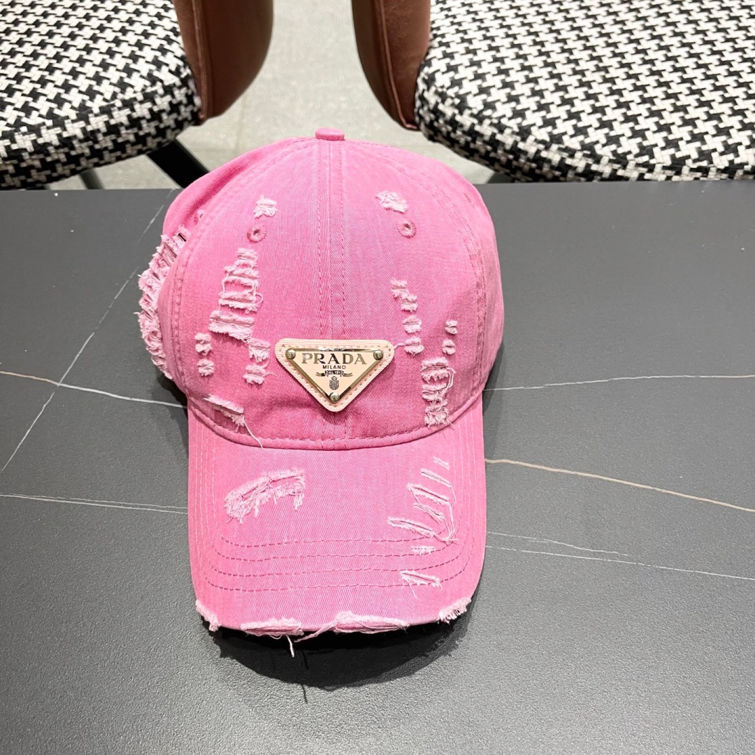 Prada Pink Distressed Denim Cap - Designer