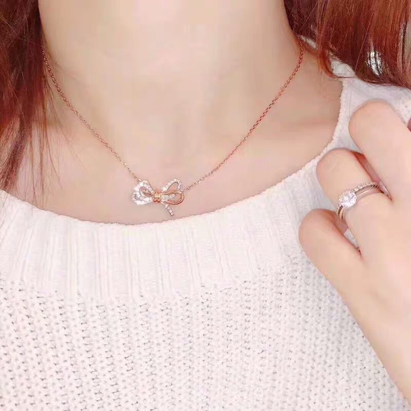 Elegant Rose Gold Crystal Bow Necklace - Dainty Ribbon Jewelry