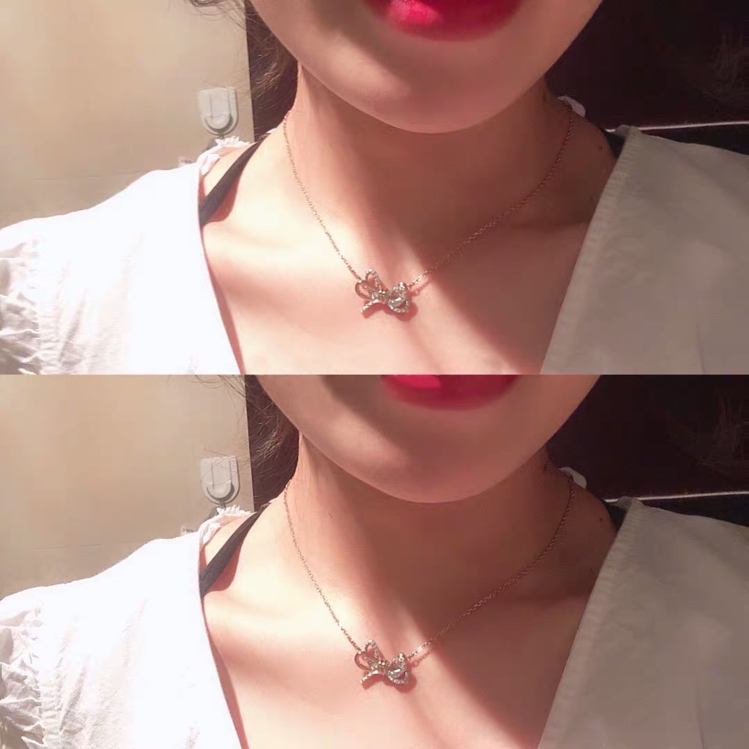 Elegant Rose Gold Crystal Bow Necklace – Dainty Ribbon Jewelry