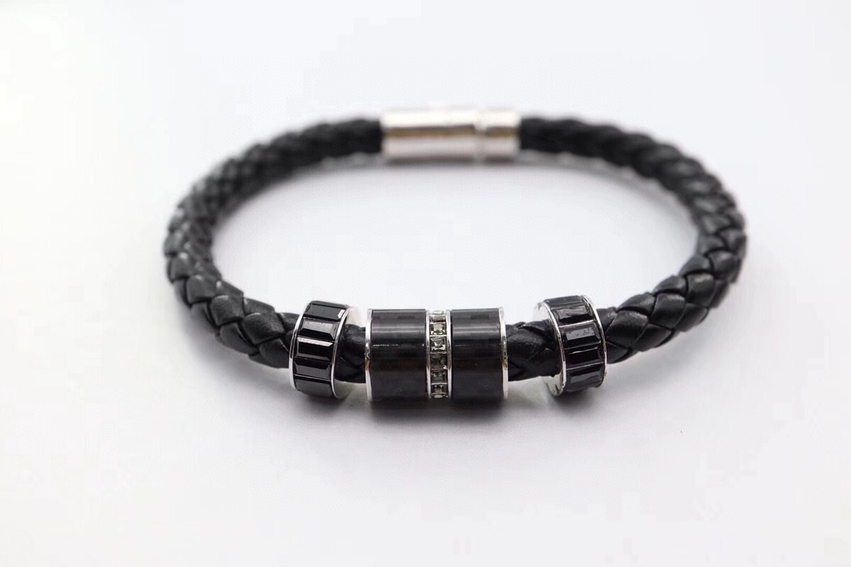 Men's Black Braided Leather Bracelet with Stainless Steel Accents