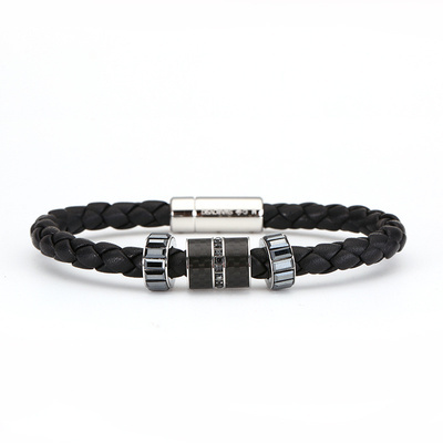 Men’s Black Braided Leather Bracelet with Stainless Steel Accents