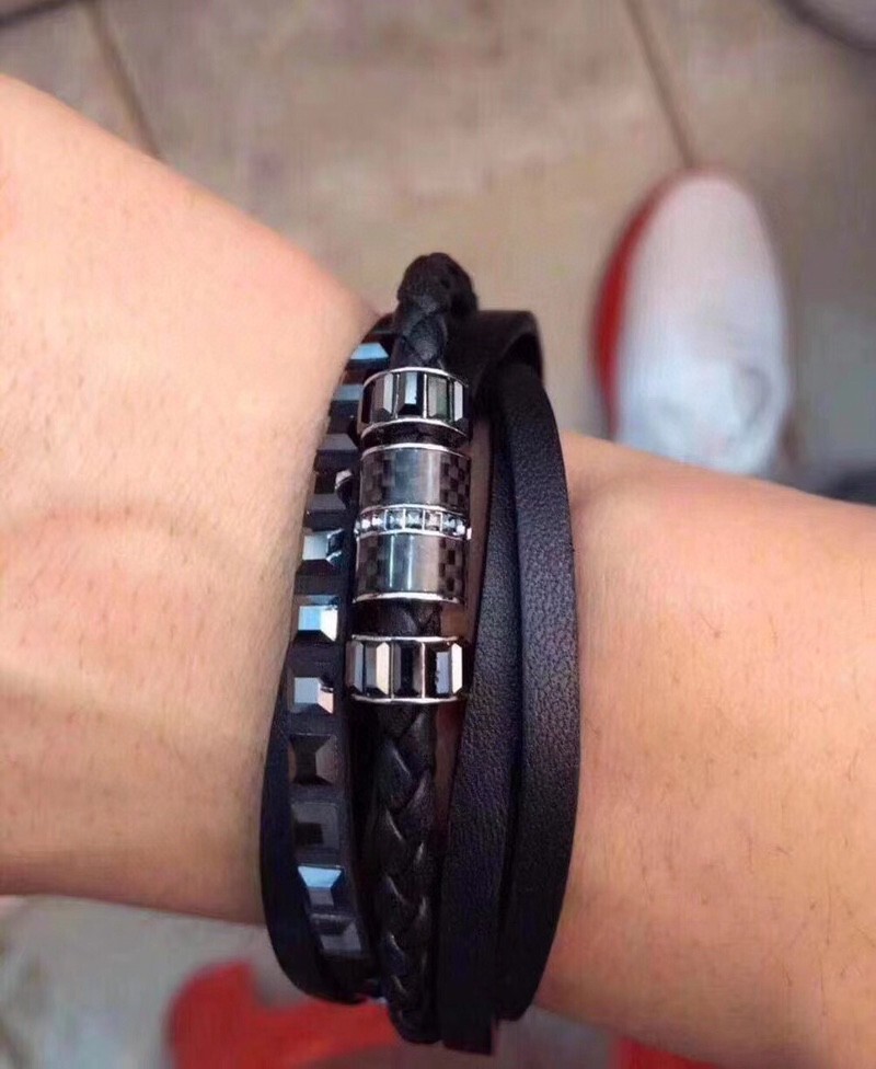 Men’s Black Braided Leather Bracelet with Stainless Steel Accents