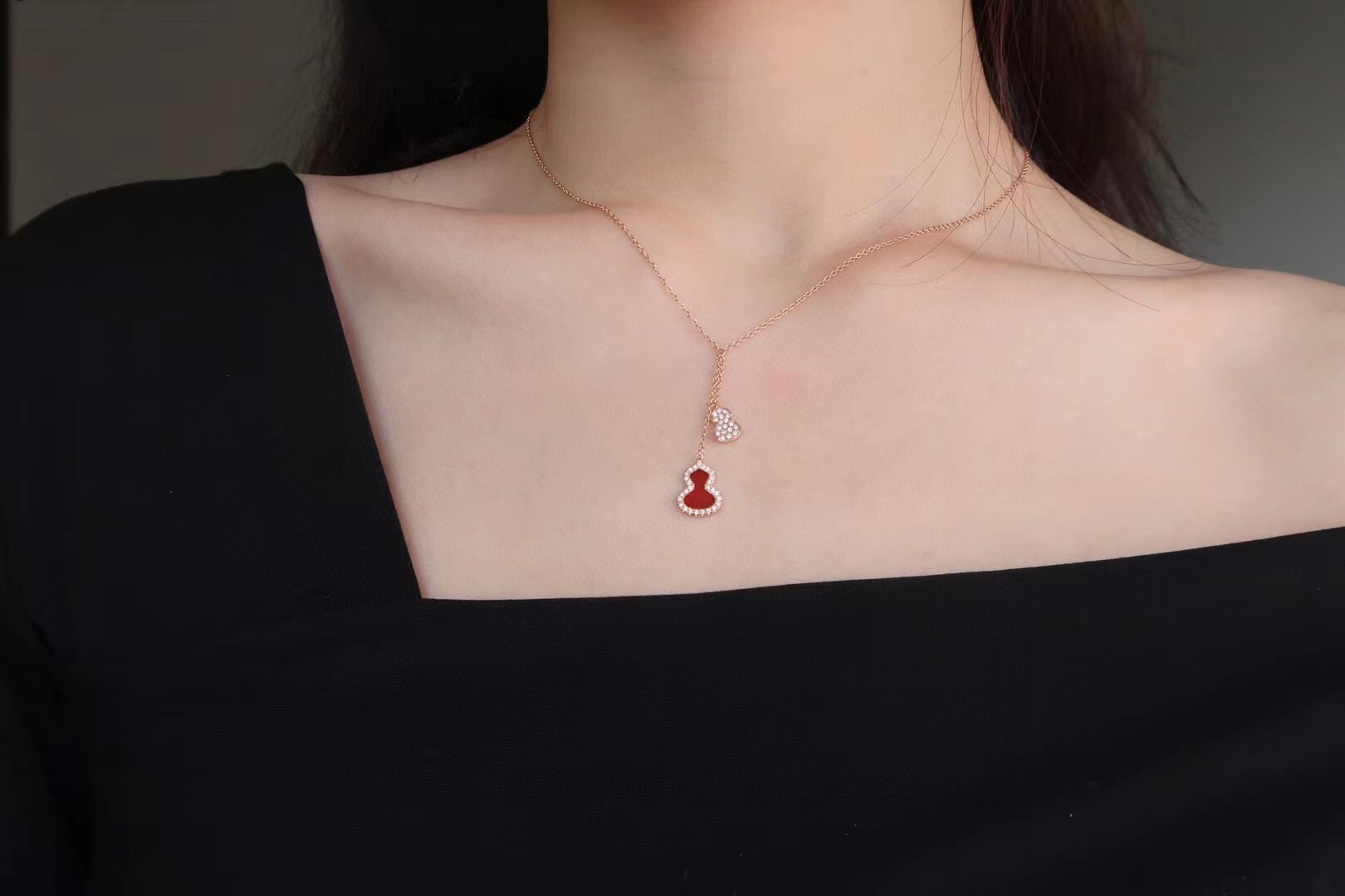 Rose Gold Red Gourd Necklace – Diamond Accent Pendant