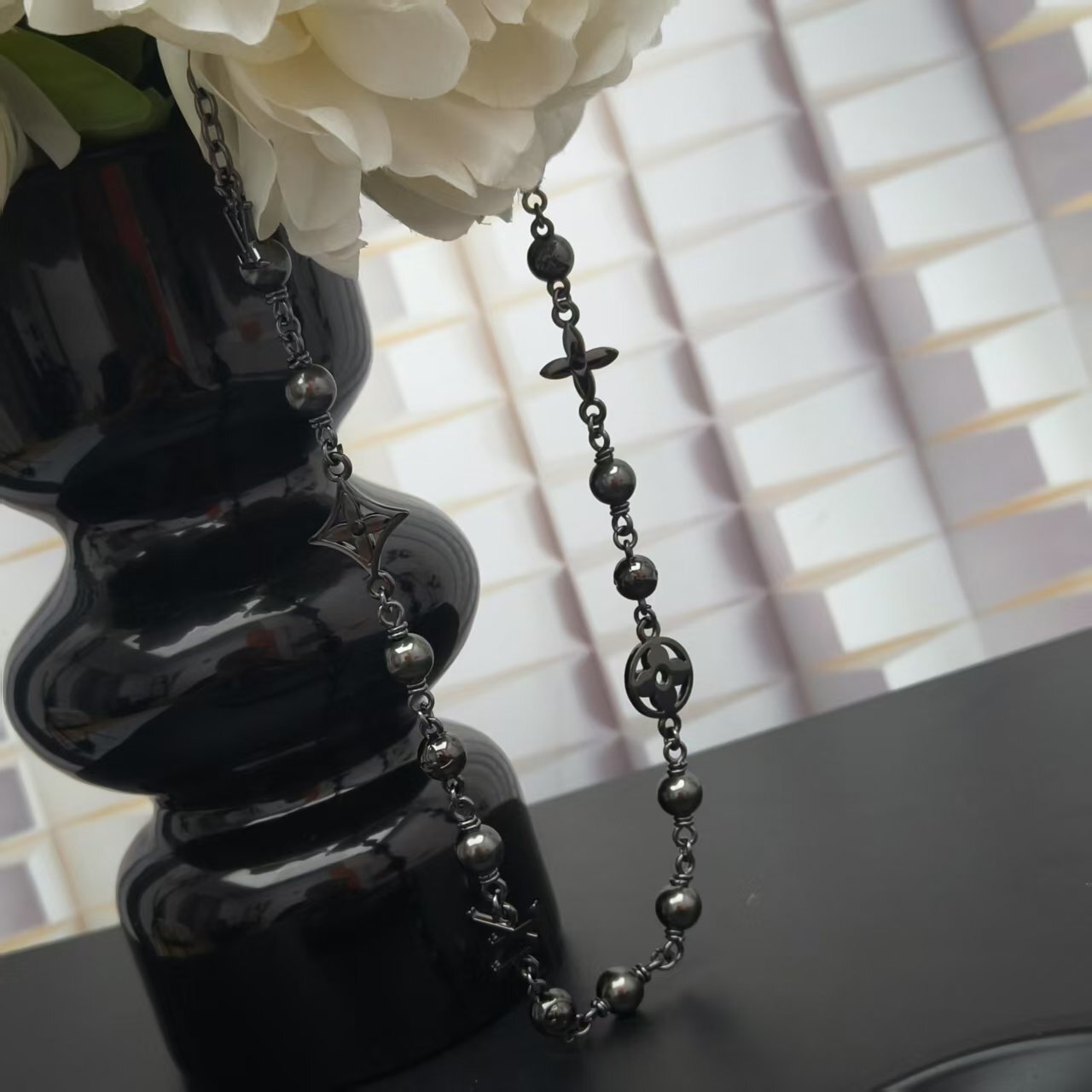 Louis Vuitton Black Pearl Chain Necklace – Gunmetal Finish