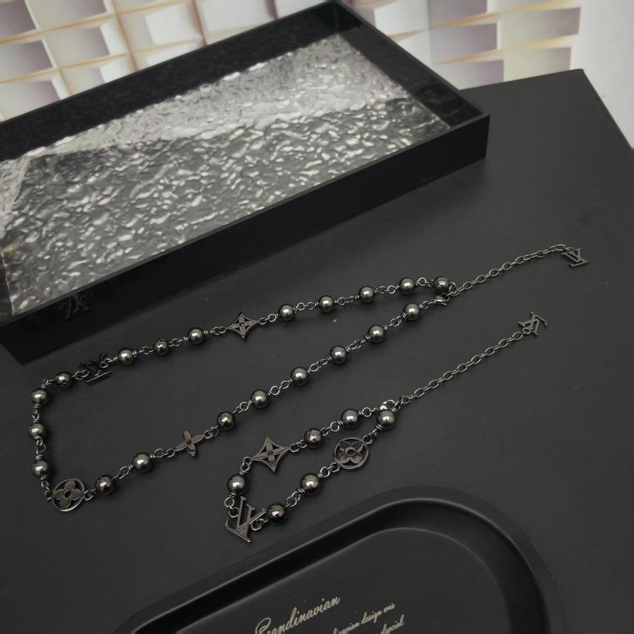LV Black Beaded Charm Necklace – Designer Statement Piece