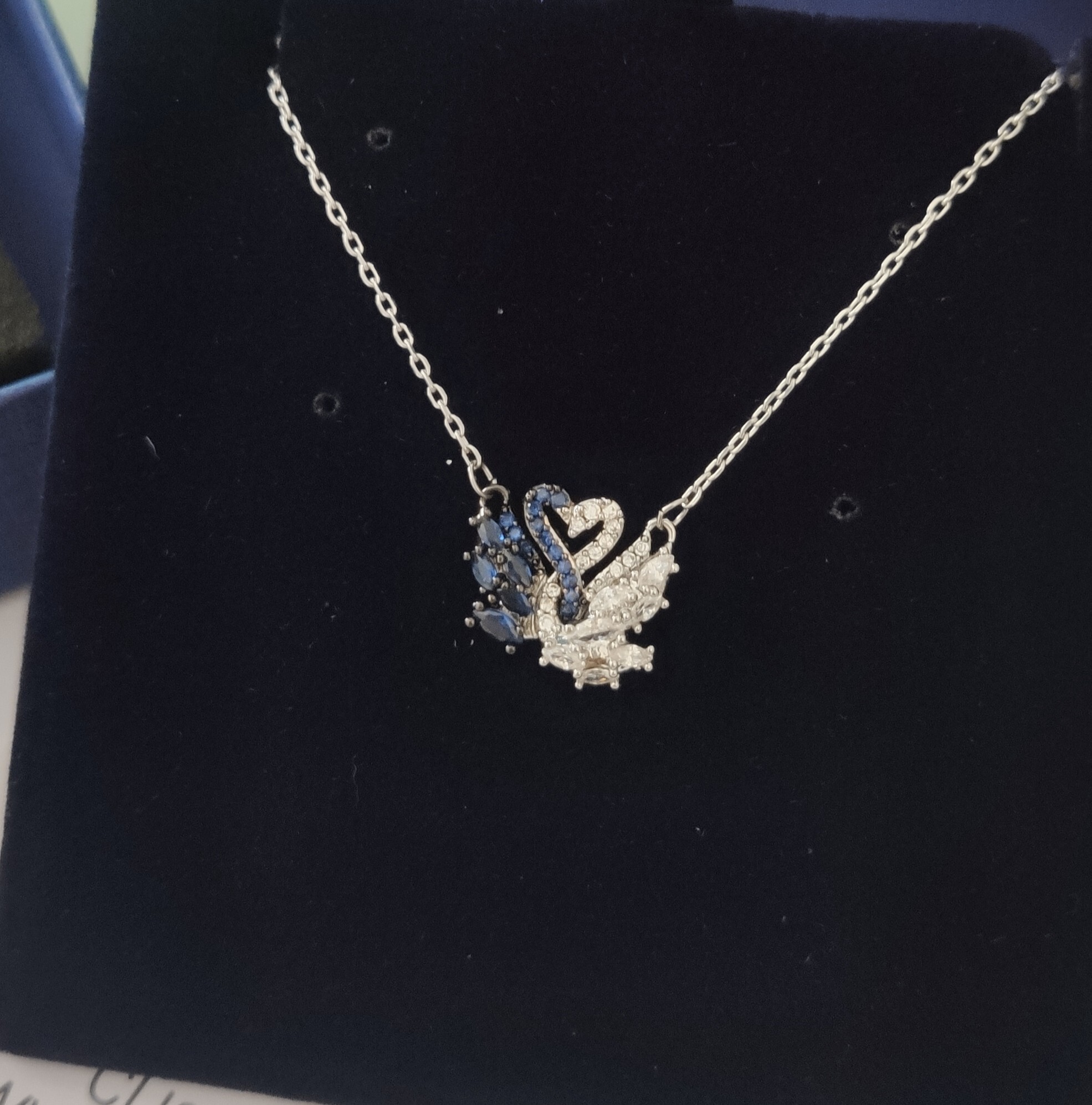 Swarovski Swan Duo Pendant – Blue & White Crystal Necklace
