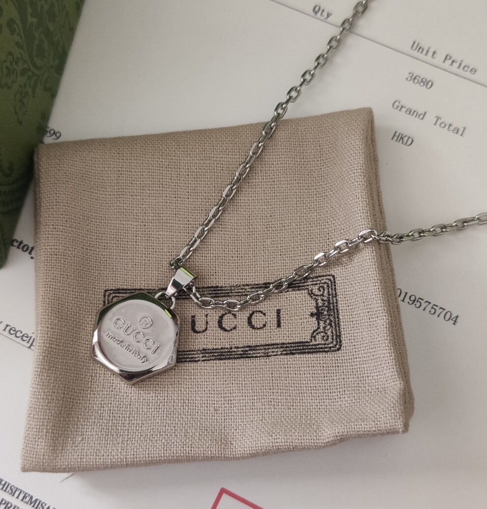 Gucci Silver Hexagon Logo Necklace – Made in Italy Pendant