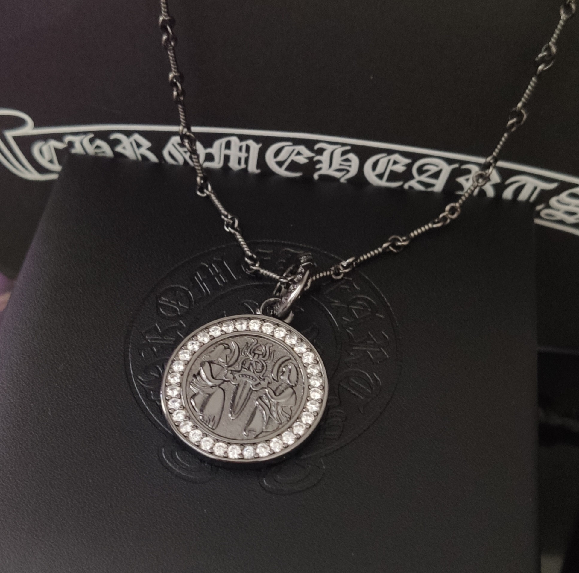 Chrome Hearts Black Coin Pendant Necklace – Crystal Halo