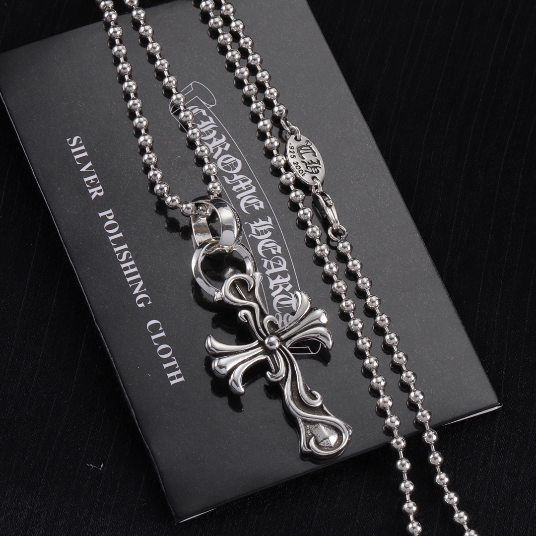 Chrome Hearts Silver Floral Cross Pendant – Beaded Chain