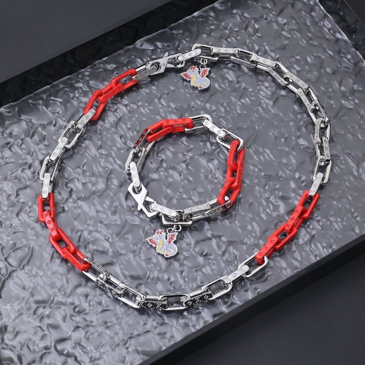 LV Silver Red Chain Set – LV Silver & Red Chain Necklace & Bracelet