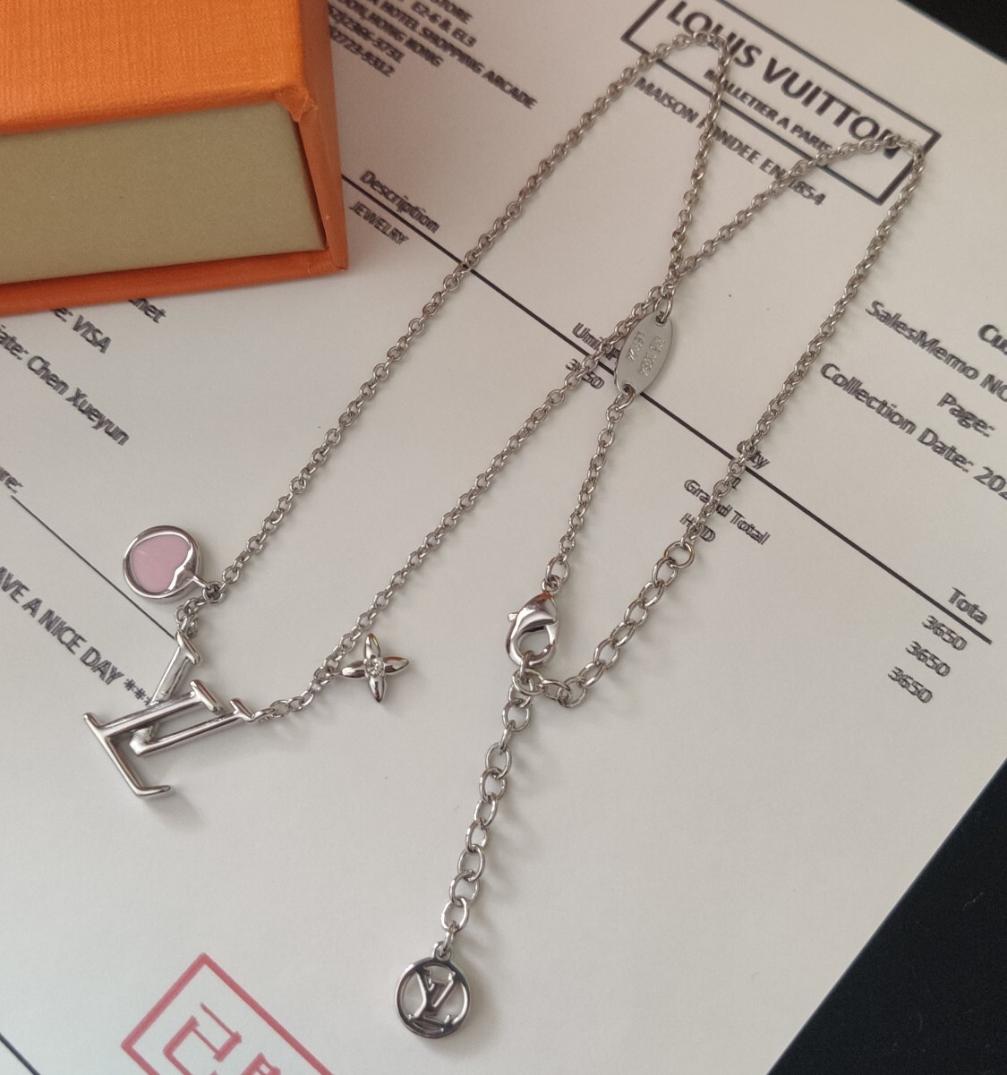 LV Silver Pink Heart Charm Necklace – Designer Pendant