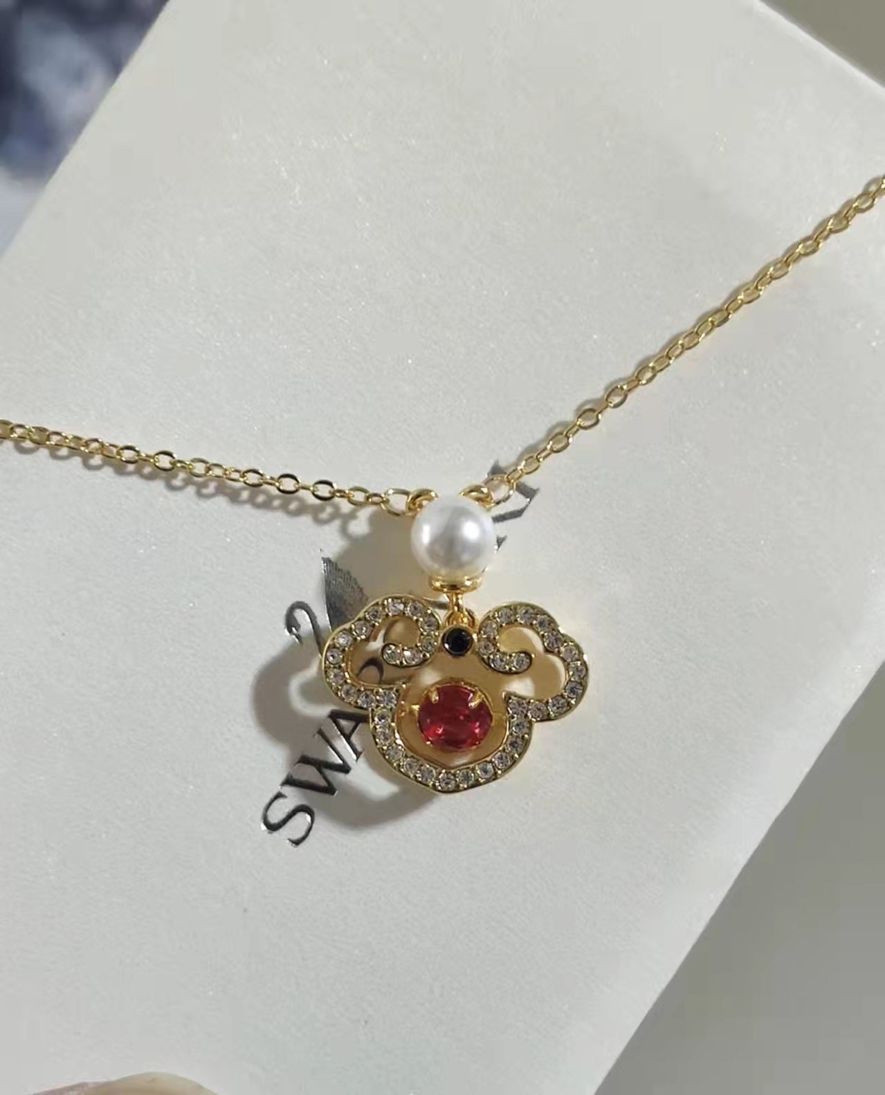 Swarovski Gold Mickey Pendant Necklace – Red Crystal Accent