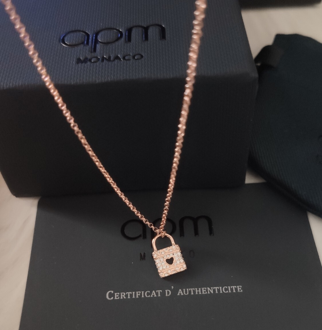 APM Monaco Rose Gold Lock Necklace – Crystal Heart