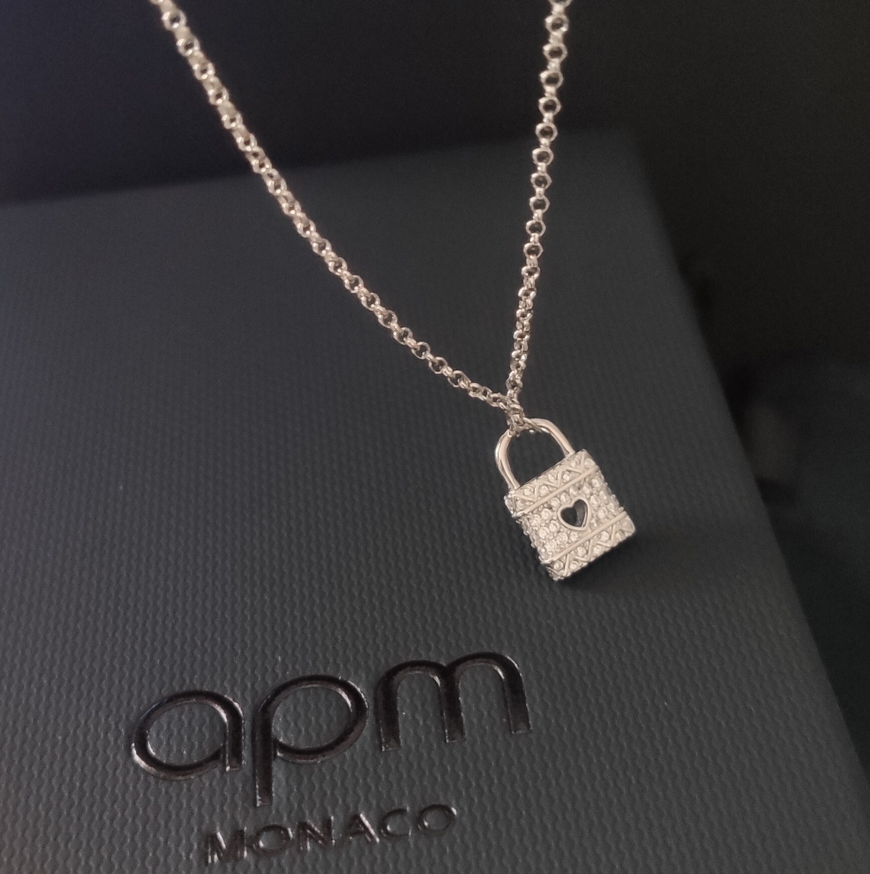 APM Monaco Silver Lock Heart Necklace – Crystal Pave