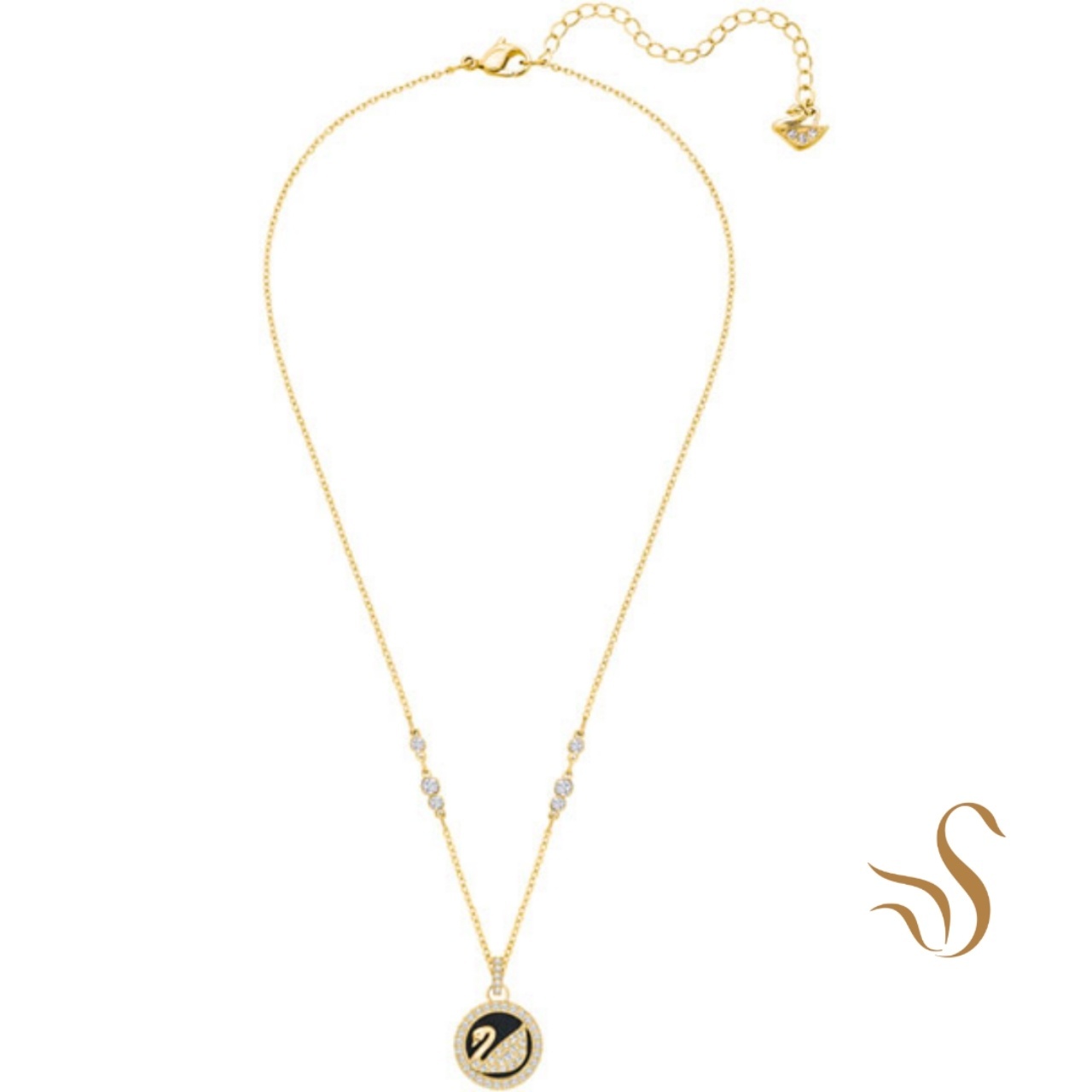 Swarovski Gold Swan Pendant Necklace – Black & Crystal